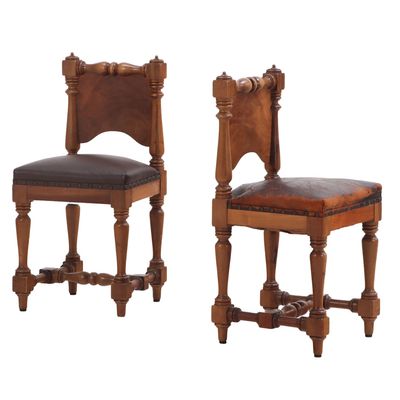 Sale Photo Thumbnail #234: PETITE PAIR OF NINETEENTH CENTURY WALNUT AND LEATHER SIDE CHAIRS.