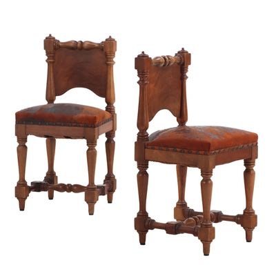 Sale Photo Thumbnail #235: PETITE PAIR OF NINETEENTH CENTURY WALNUT AND LEATHER SIDE CHAIRS.