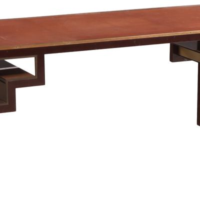 Sale Photo Thumbnail #119: LACQUERED IRON, BRASS FRENCH LEATHER TOP DESK HAVING MIRRORED SURFACES ON EITHER END C 1970;