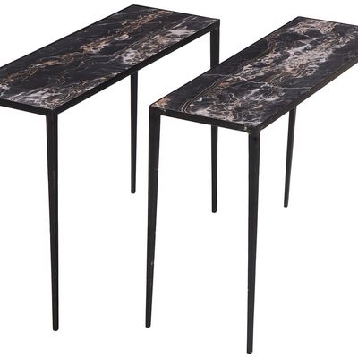 PAIR IRON CONSOLE TABLES HAVING INSET ITALIAN NERO PORTO MARBLE TOPS,