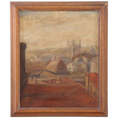 IMPRESSIONIST PAINTING OF A FRENCH CITYSCAPE, OIL ON CANVAS, INDISTINCTLY SIGNED, HOUSED IN ORIGINAL