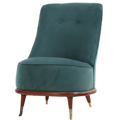 Sale Photo Thumbnail #117: MAHOGANY AND BRASS BOUDOIR CHAIR BY ENGLANDER AND BONTA C 1950 HAVING NEW FABRIC,