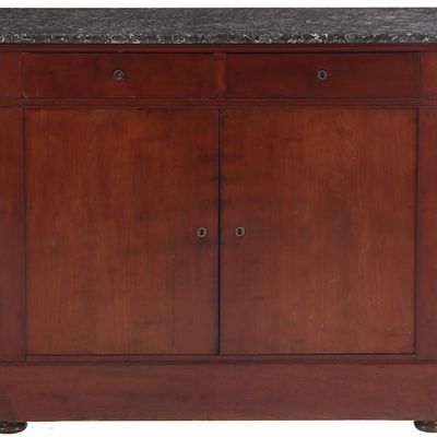 Sale Photo Thumbnail #231: FRENCH MAHOGANY MARBLE TOP SERVER HAVING TWO DRAWERS OVER TWO DOORS C 1850.