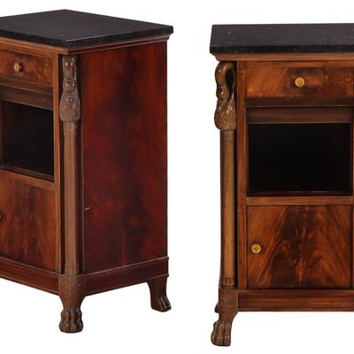 Sale Photo Thumbnail #239: PAIR OF MAHOGANY MARBLE TOP SWAN CARVED NIGHT STANDS WITH FALL FRONT DRAWERS.