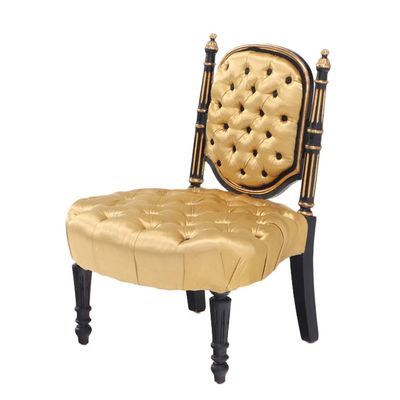 Sale Photo Thumbnail #253: PETITE EBONIZED AND GILT BOUDOIR CHAIR WITH BUTTON BACK UPHOLSTERY AND TURNED LEGS C 1880