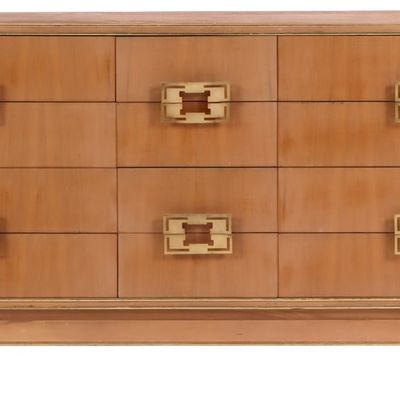 Sale Photo Thumbnail #102: MAHOGANY AND BRASS TWELVE DRAWER DRESSER IN THE MANNER OF JAMES MONT C 1950.