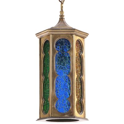 Sale Photo Thumbnail #120: BRASS HANGING LANTERN WITH VARIOUS COLORED GLASS PANELS.