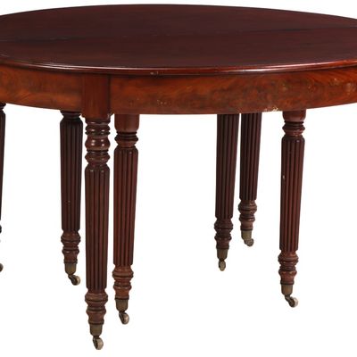 Sale Photo Thumbnail #260: A FRENCH MAHOGANY BANQUET TABLE HAVING FIVE ORIGINAL LEAVES SUPPORTED BY EIGHT LEGS C 1840.