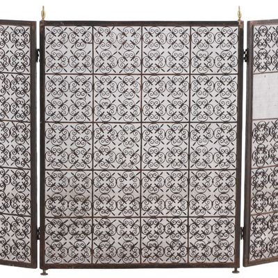 Sale Photo Thumbnail #357: THREE PANEL ADJUSTABLE IRON FIRESCREEN WITH REPEATING DESIGN C 1920.