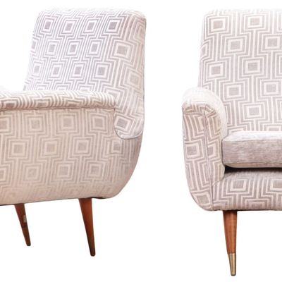 Sale Photo Thumbnail #111: PAIR UPHOLSTERED LOUNGE CHAIRS C 1950 HAVING RECENT FABRIC WITH A GEOMETRIC PATTERN.