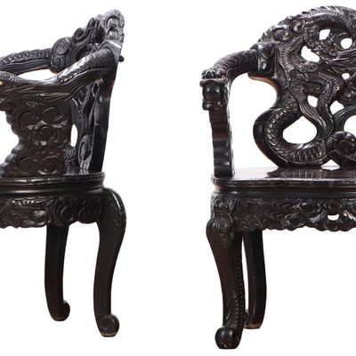 Sale Photo Thumbnail #243: A PAIR OF ANTIQUE ASIAN DRAGON CARVED  HARDWOOD THRONE CHAIRS.