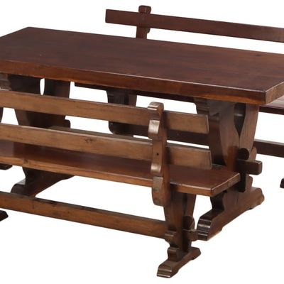 Sale Photo Thumbnail #379: FIVE PIECE BRAZILIAN SLAB TOP TABLE AND BENCH SET MADE FROM AN EXOTIC DENSE WOOD C 1960.