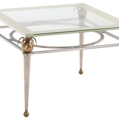 Sale Photo Thumbnail #118: FRENCH STEEL AND BRASS COFFEE OR END TABLE HAVING A THICK GLASS BANDED TOP C 1965.