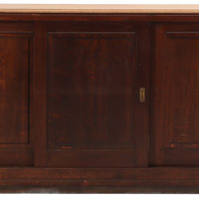 Sale Photo Thumbnail #347: QUARTERSAWN OAK CABINET HAVING THREE SLIDING RAISED PANEL WOOD DOORS C 1900. WOULD MAKE A NICE