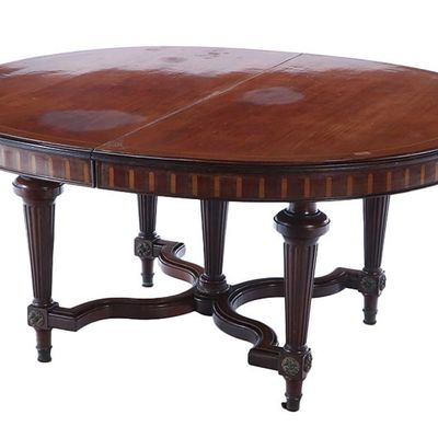 Sale Photo Thumbnail #270: FRENCH MAHOGANY BANQUET TABLE C 1900 WITH INLAID SKIRT. EXTENDS TO 15'