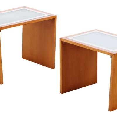 TWO FRENCH NESTING TABLES HAVING INSET GLASS TOPS AND NICKEL HANDLES C 1945.
