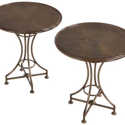 PAIR OF ROUND IRON OCCASIONAL TABLES HAVING A FAUX TORTOISE FINISH.
