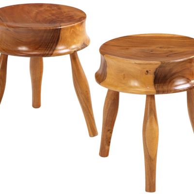 A PAIR OF BRAZILIAN END STOOLS IN EXOTIC WOOD AND RESTING ON SHAPED LEGS.