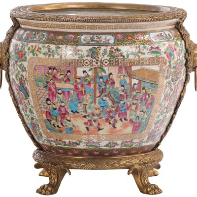 CHINESE BRONZE MOUNTED FISH BOWL HAVING ROSE MEDALLION PATTERN AND FOOTED BASE C. LATE 20TH