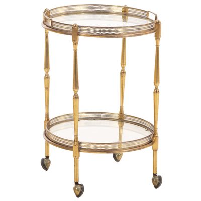 Sale Photo Thumbnail #206: ROUND FRENCH GILT METAL AND GLASS BAR CART HAVING TWO REMOVABLE SERVING TRAYS C 1970.