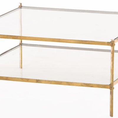 Sale Photo Thumbnail #157: BRASS AND GLASS COFFEE TABLE WITH PINCHED CORNERS C 1970.