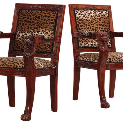 Sale Photo Thumbnail #246: PAIR OF ENGLISH REGENCY STYLE LION CARVED MAHOGANY OPEN ARM CHAIRS WITH FAUX LEOPARD UPHOLSTERY.