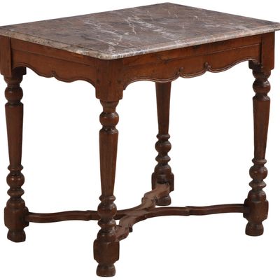 EIGHTEENTH CENTURY FRENCH OAK AND MARBLE TOP TABLE HAVING TURNED LEGS AND A SHAPED STRETCHER.