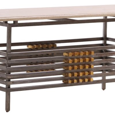 Sale Photo Thumbnail #151: AN ITALIAN CUSTOM MADE STEEL TABLE WITH GILT METAL DECORATION AND A TRAVERTINE TOP.