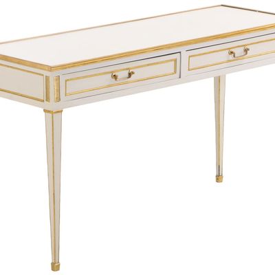 Sale Photo Thumbnail #202: PAINTED AND BRASS MOUNTED DIRECTOIRE STYLE CONSOLE TABLE HAVING TWO DRAWERS AND A MIRRORED TOP.