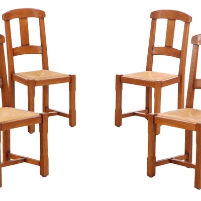 Sale Photo Thumbnail #292: SIX FRENCH OAK AND RUSH CHAIRS IN THE BRUTALIST STYLE C 1945.