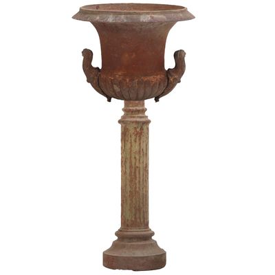 Sale Photo Thumbnail #376: TWO PART CAST IRON CAMPAGNA STYLE GARDEN URN C 1910. TOP NOT ATTACHED TO BASE.