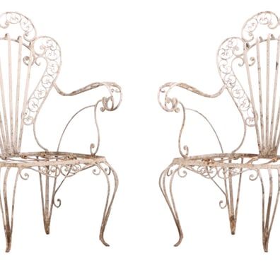 Sale Photo Thumbnail #377: FOUR LARGE SCALE PAINTED IRON ARM CHAIRS HAVING ROLLED ARMS AND FAN BACKS C 1950.