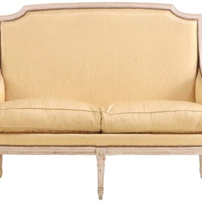 FRENCH LOUIS XVI STYLE PAINTED AND UPHOLSTERED FIVE LEG SETTEE C 1920.