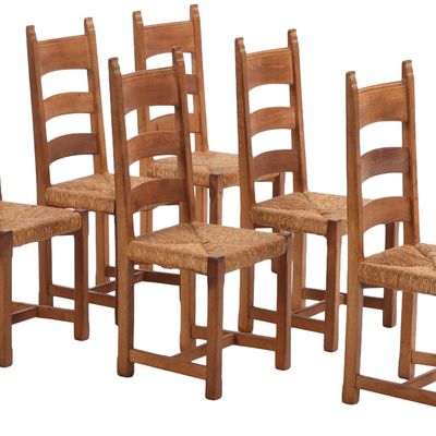 Sale Photo Thumbnail #303: SIX BELGIAN OAK AND RUSH SEAT DINING CHAIRS C 1960.