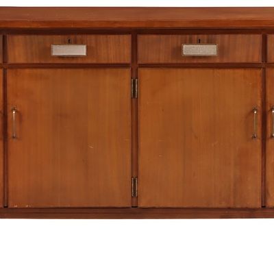 Sale Photo Thumbnail #132: A MID CENTURY MODERN MAHOGANY SIDEBOARD IN THE STYLE OF DUNBAR HAVING FOUR DRAWERS OVER FOUR