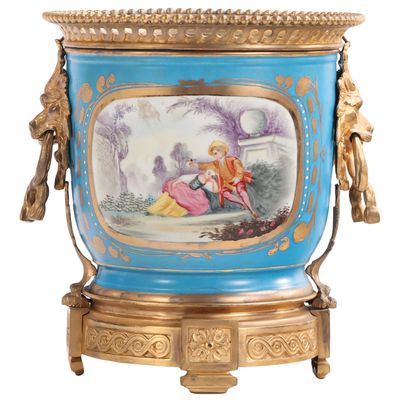 SEVRES STYLE BRONZE MOUNTED PORCELAIN CACHE POT HAVING CERULEAN BLUE BACKGROUND WITH HAND PAINTED