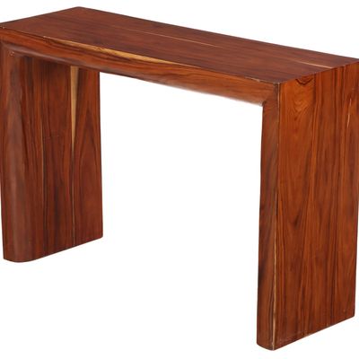 A MID CENTURY MODERN CONSOLE TABLE IN STAINED CEDAR WOOD