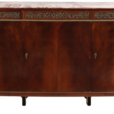 FRENCH CROTCH MAHOGANY LOUIS XVI STYLE MARBLE TOP SIDEBOARD HAVING THREE DOORS AND A BRONZE FRIEZE C