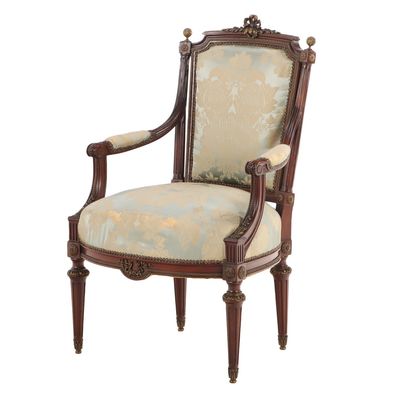 Sale Photo Thumbnail #267: MAHOGANY LOUIS XVI STYLE ARM CHAIR WITH EXTENSIVE BRONZE MOUNTS THROUGHOUT C 1910.