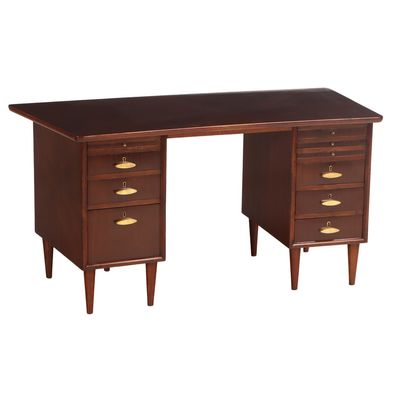 MAHOGANY WRITING DESK HAVING A SHAPED TOP AND PULL OUT WRITING SLIDE C 1950.