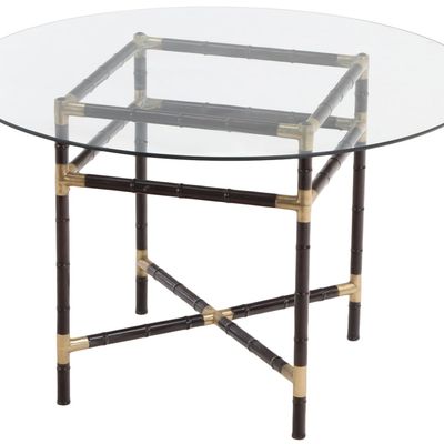 TURNED WOOD FAUX BAMBOO BRASS MOUNTED GLASS TOP TABLE IN THE MANNER OF BILLY HAINES C 1970.