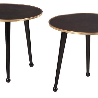 PAIR ROUND DRINKS TABLES WITH BRASS BOUND TOPS RESTING ON BALL FEET IN THE MANNER OF ROYERE.