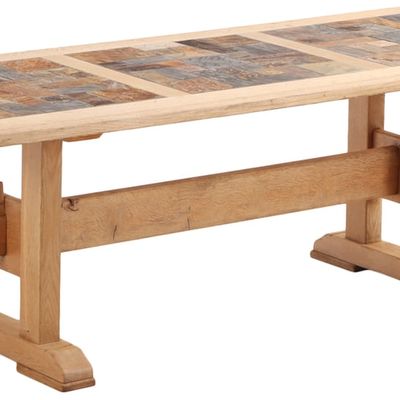 Sale Photo Thumbnail #325: FRENCH OAK BRUTALIST STYLE TABLE HAVING INSET SLATE TOP AND MORTIS AND TENON BASE C 1960