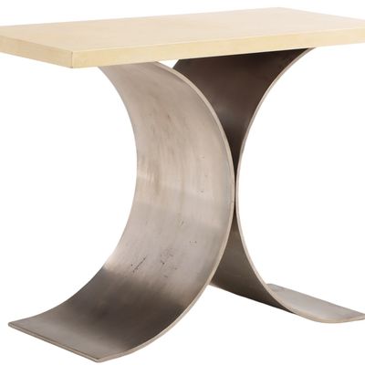 Sale Photo Thumbnail #116: STAINLESS STEEL AND PARCHMENT COVERED CONSOLE TABLE IN THE MANNER OF MICHEL BOYER C 1975.