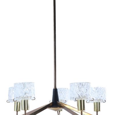 Sale Photo Thumbnail #133: FIVE ARM IRON AND BRASS CHANDELIER WITH GLASS SHADES C 1950.