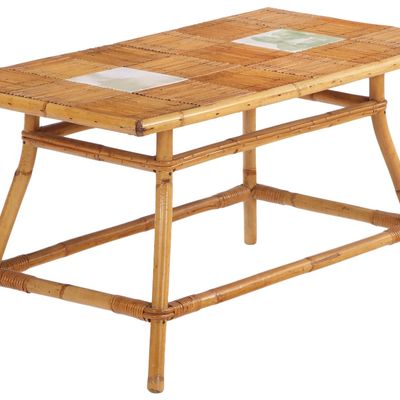 Sale Photo Thumbnail #329: FRENCH RATTAN COFFEE TABLE HAVING TWO INSET CERAMIC TILES C 1950.