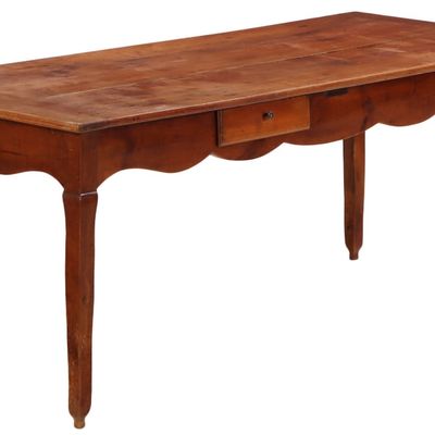 FRENCH CHERRY FARM TABLE HAVING A PULL OUT LEAF AND A SINGLE DRAWER C 1840.