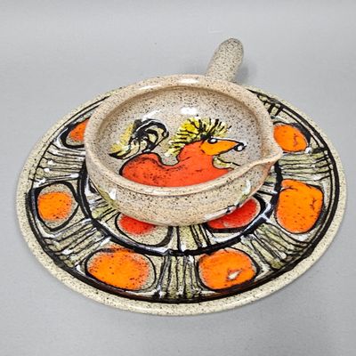 Speckled Earthenware Hand-Painted Rooster Pipkin & Plate