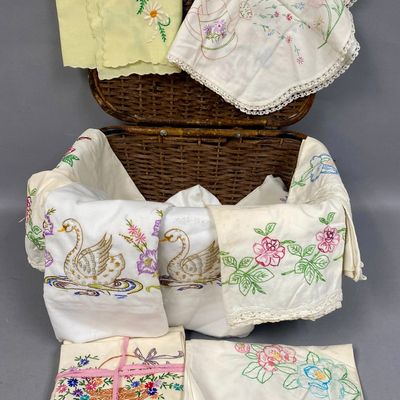 Vintage Wicker Basket & Embroidered Linens