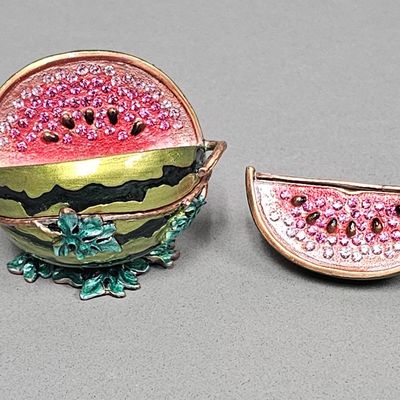 Enameled Metal Jeweled Watermelon Trinket Box